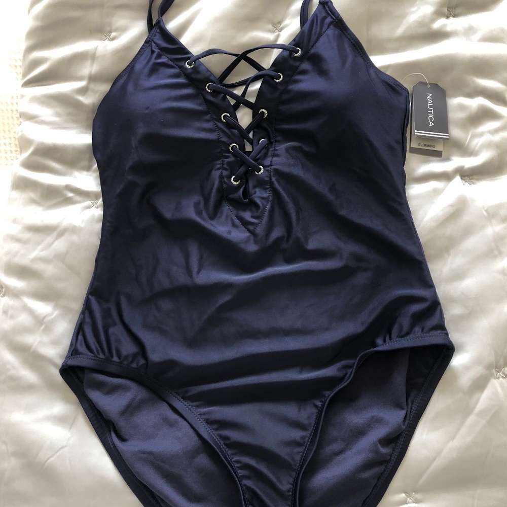 Nautica swimsuit lace up women’s large Navy Blue